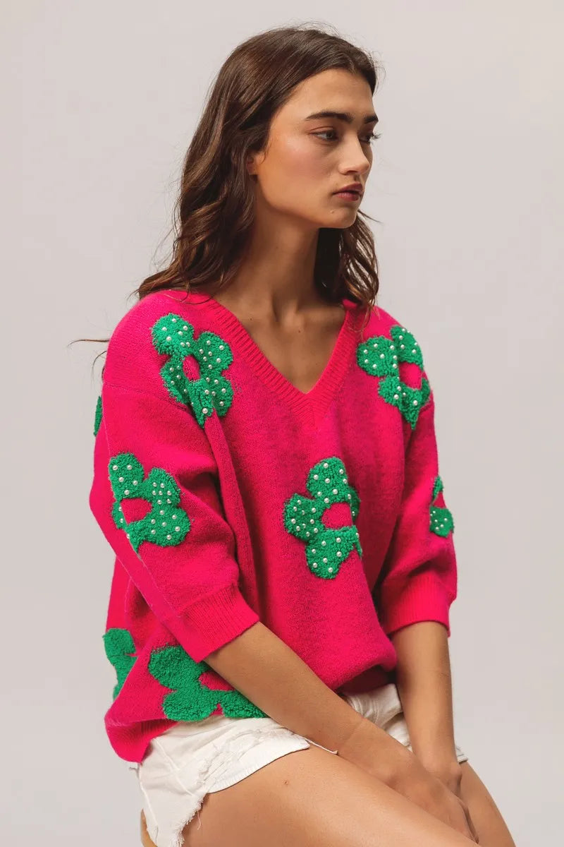 Image of BiBi Pearl Beads Flowers Sweater Top | Queeble.shop