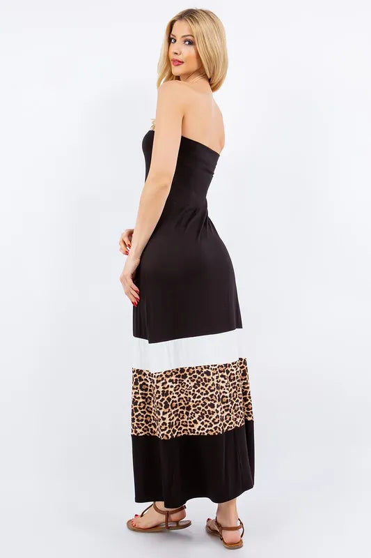 Image of Celeste Full Size Leopard Color Block Tube Maxi Dress Plus Size | Queeble.shop