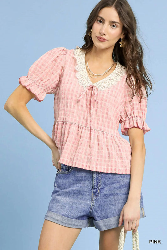 Image of Umgee Short Sleeve Gingham Lace Peplum Blouse | Queeble.shop