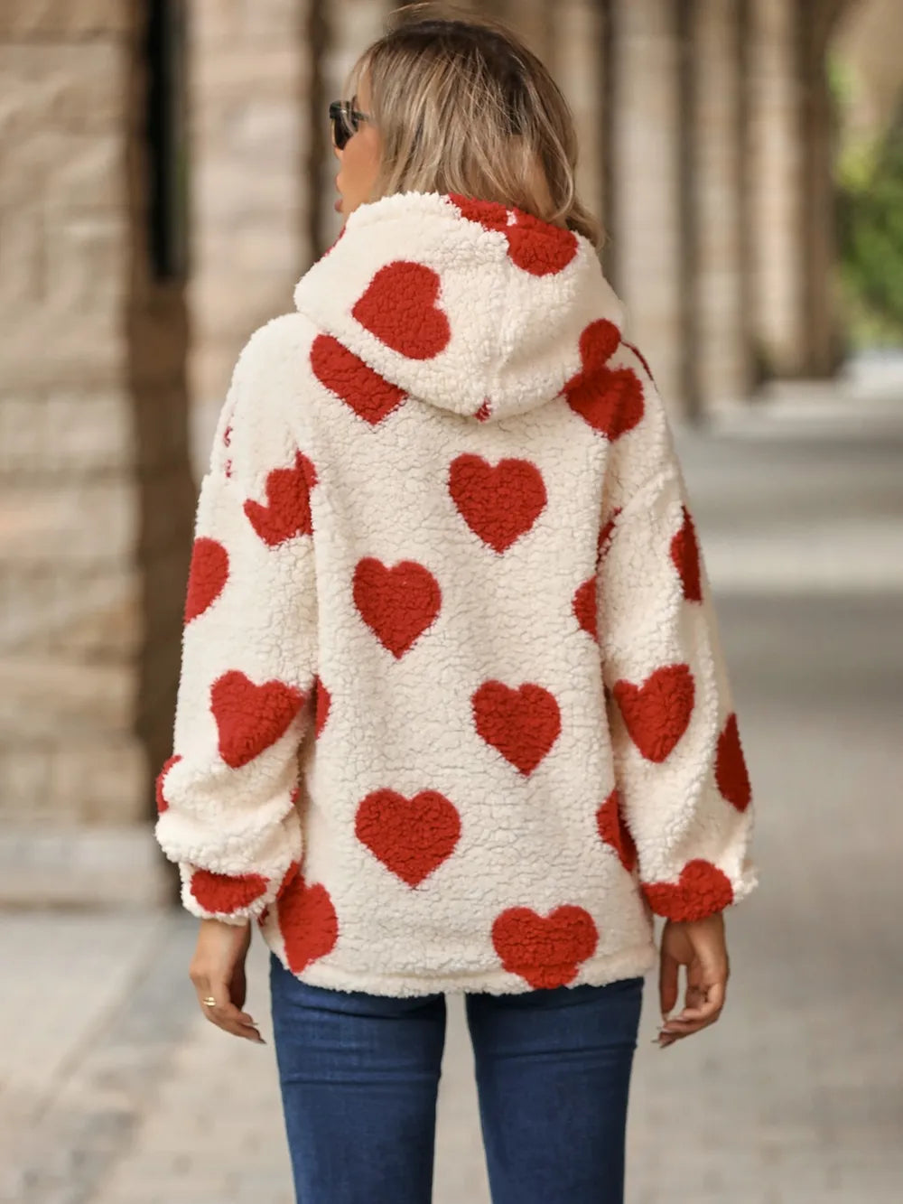 Image of Fuzzy Heart Pocketed Dropped Shoulder Hoodie | Queeble.shop
