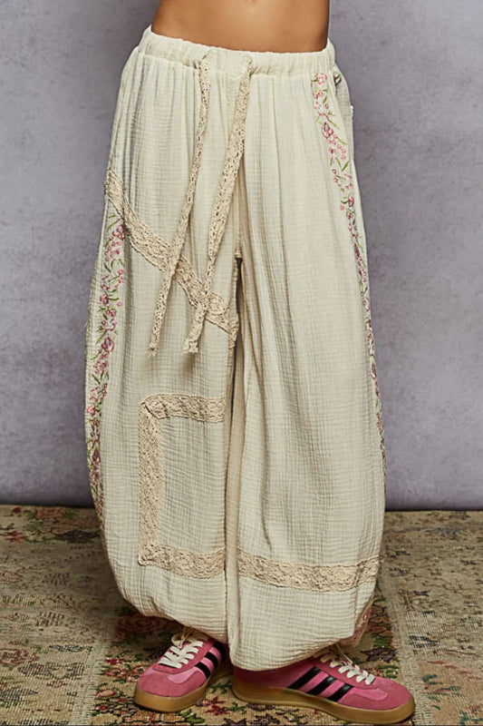 Image of POL Floral Embroidered Drawstring Joggers with Lace Trim | Queeble.shop