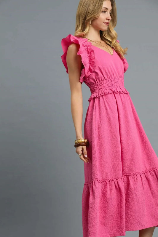 Image of Umgee V-Neck Ruffled Cap Sleeve Midi Dress | Queeble.shop