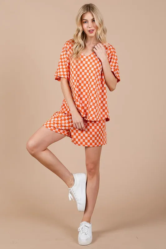 Image of Ces Femme Checkered Round Neck Top and Shorts Set | Queeble.shop