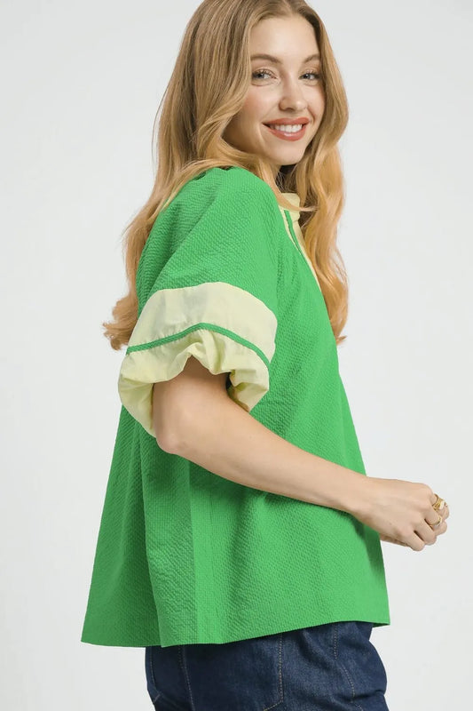Image of Umgee Contrast Trim Notched Puff Sleeve Blouse | Queeble.shop