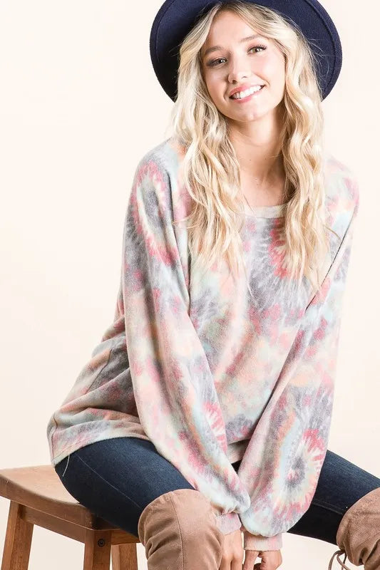 Image of BiBi Brushed Tie Dye Print Top with Puff Sleeves | Queeble.shop