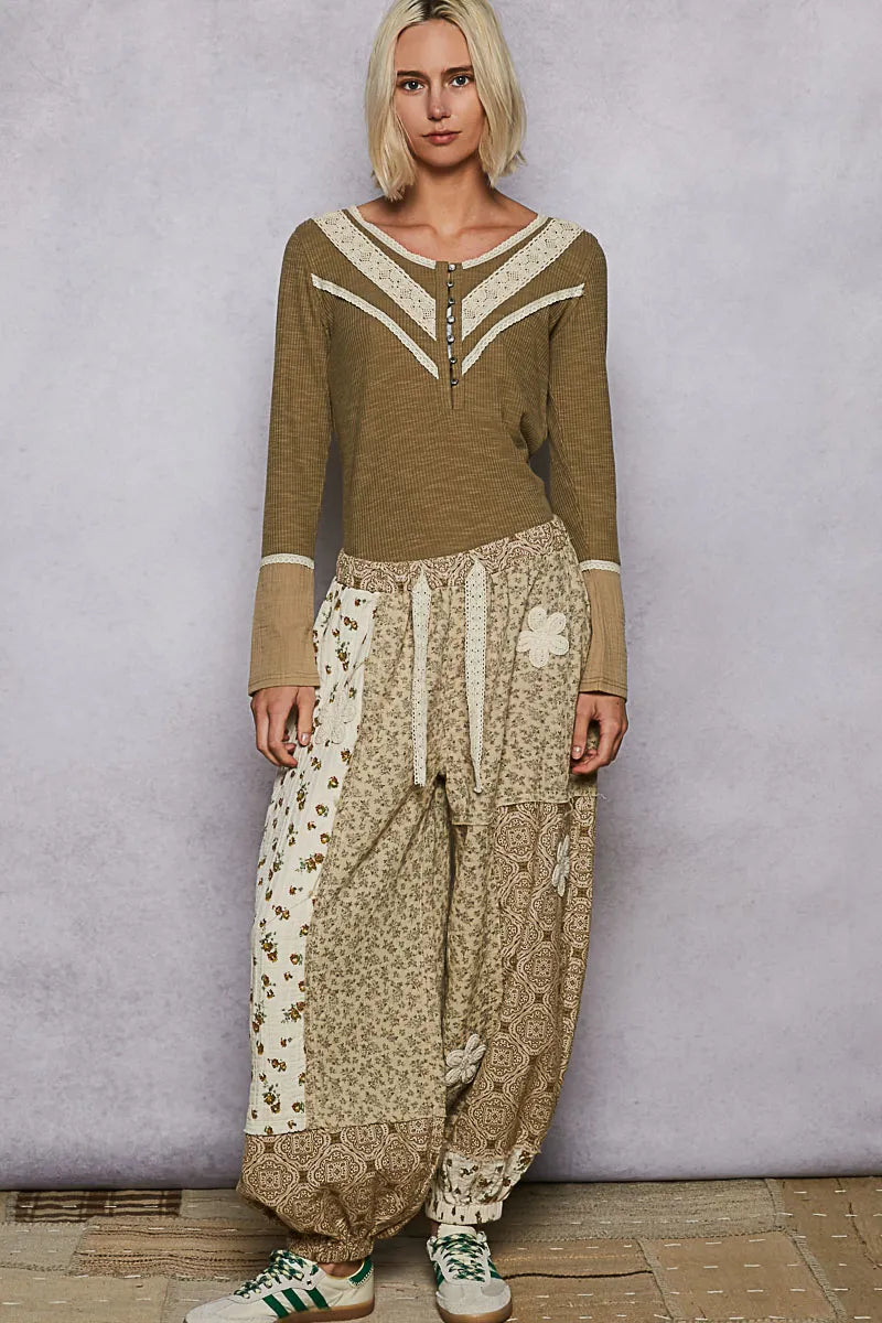 Image of POL Ribbed Half Button Lace Detail Knit Top | Queeble.shop