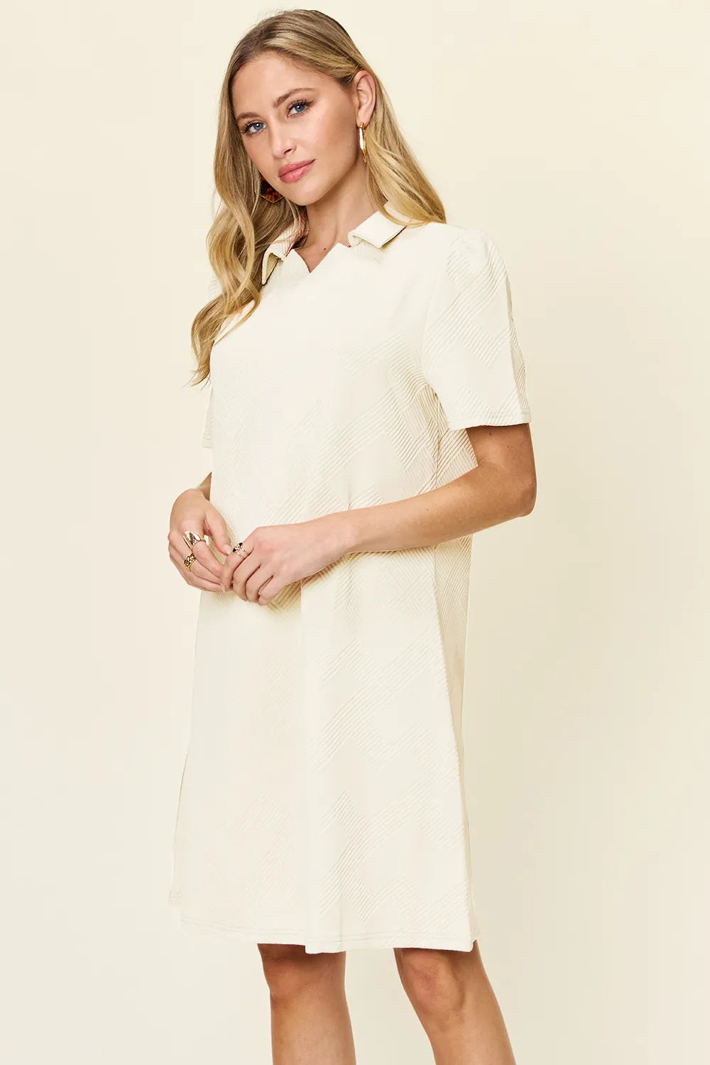 Image of Double Take Full Size Texture Collared Neck Short Sleeve Dress | Queeble.shop