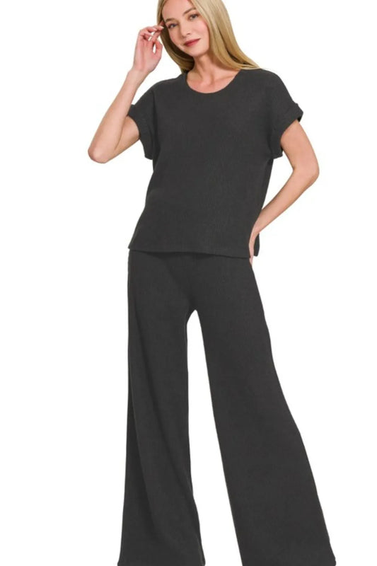 Image of Zenana Rolled Sleeve Top and Pants Sweater Set | Queeble.shop