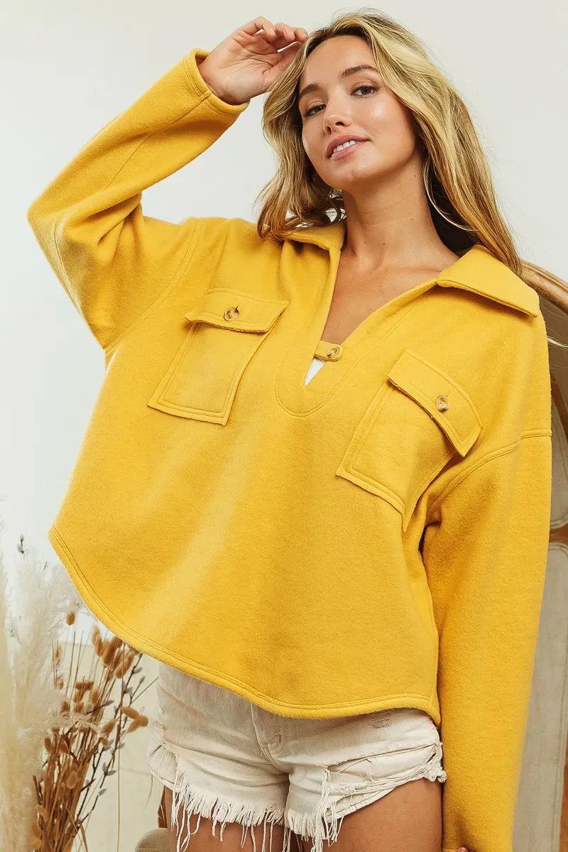 Image of BiBi Flap Pockets Fleece Collared Sweatshirt | Queeble.shop