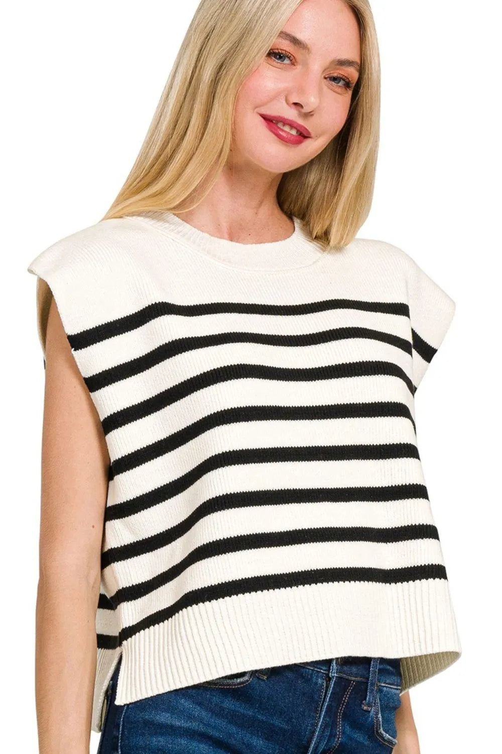 Image of Zenana Oversized Crew Neck Stripe Sweater Vest | Queeble.shop