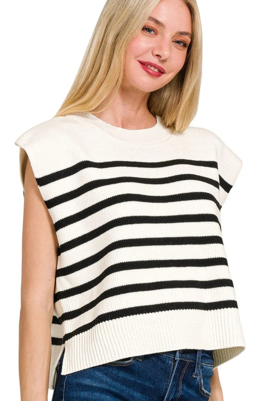 Image of Zenana Oversized Crew Neck Stripe Sweater Vest | Queeble.shop