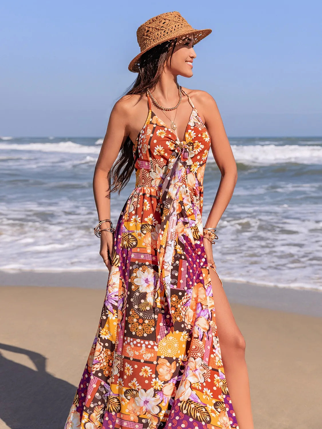 Image of Slit Printed Halter Neck Cami Dress | Queeble.shop