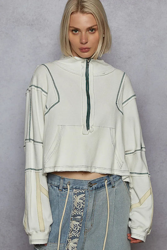 Image of POL Contrast Stitching Zip Front Sweatshirt | Queeble.shop