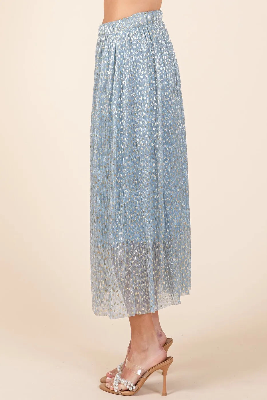 Image of Mittoshop Metallic Glitter Speckle Print Elastic Midi Skirt | Queeble.shop