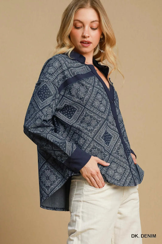 Image of Umgee Paisley Print Denim Shirt Jacket | Queeble.shop