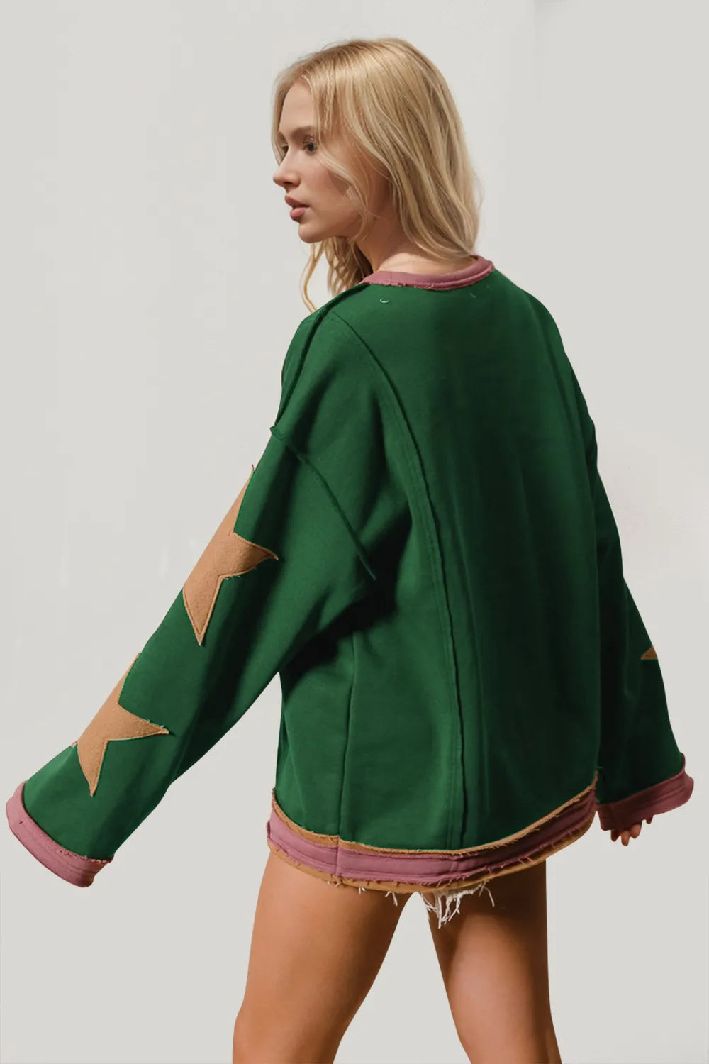 Image of Double Take Star Patched Long Sleeve Sweatshirt | Queeble.shop