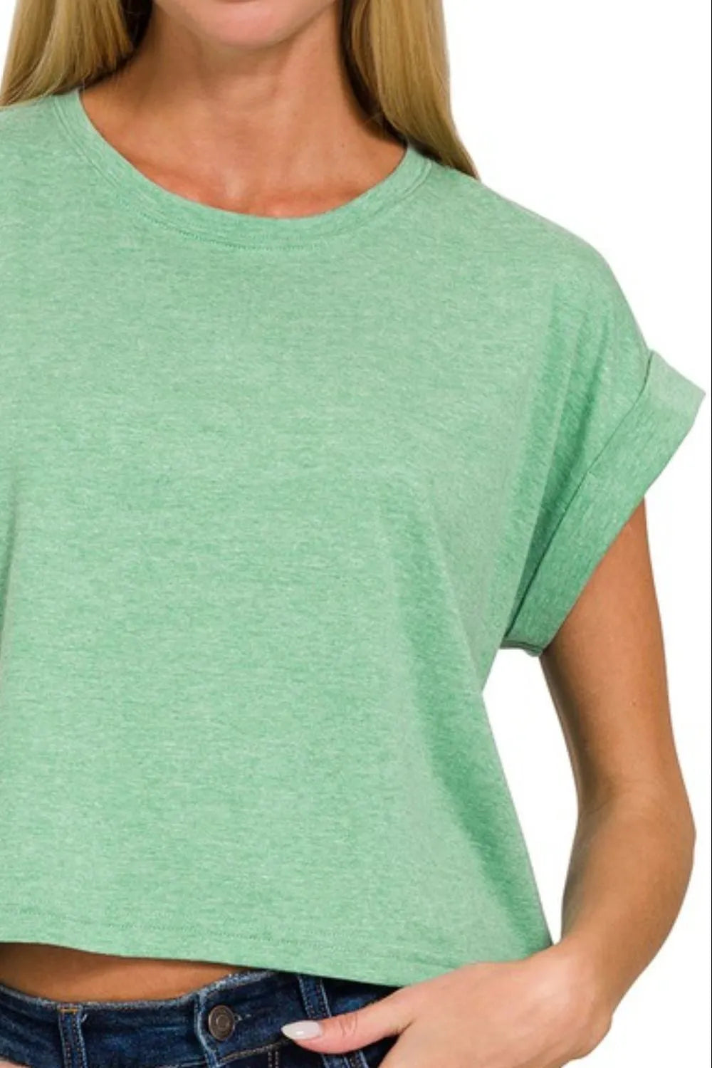 Image of Zenana Rolled Sleeve Crop T-Shirt | Queeble.shop