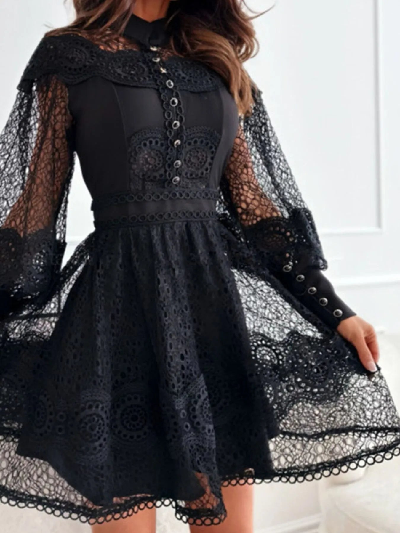 Image of Lace Lantern Sleeve Mini Dress | Queeble.shop
