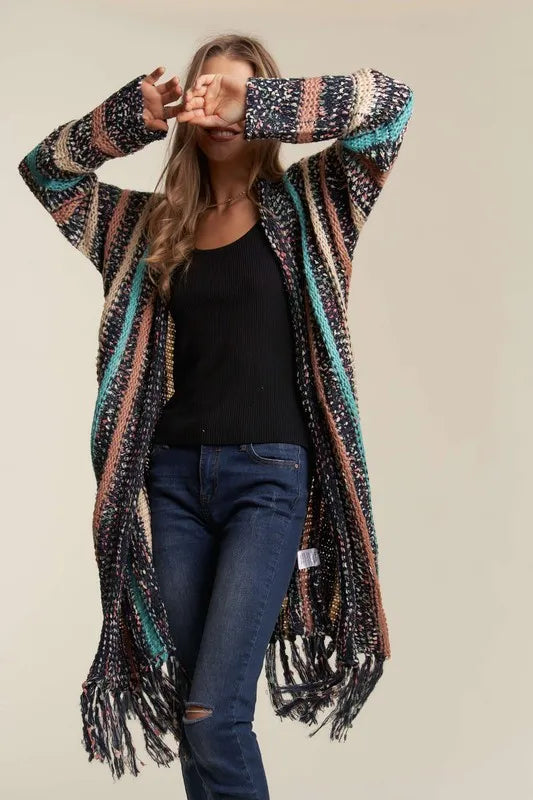 Image of ADORA Multi Colour Sweater Long Cardigan with Fringes | Queeble.shop