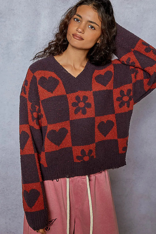 Image of POL V-Neck Heart Pattern Checkered Sweater | Queeble.shop