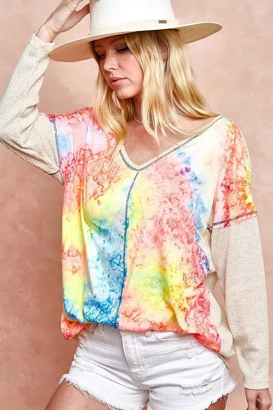 Image of BiBi Print Block V Neck Top with Contrast Stitching | Queeble.shop