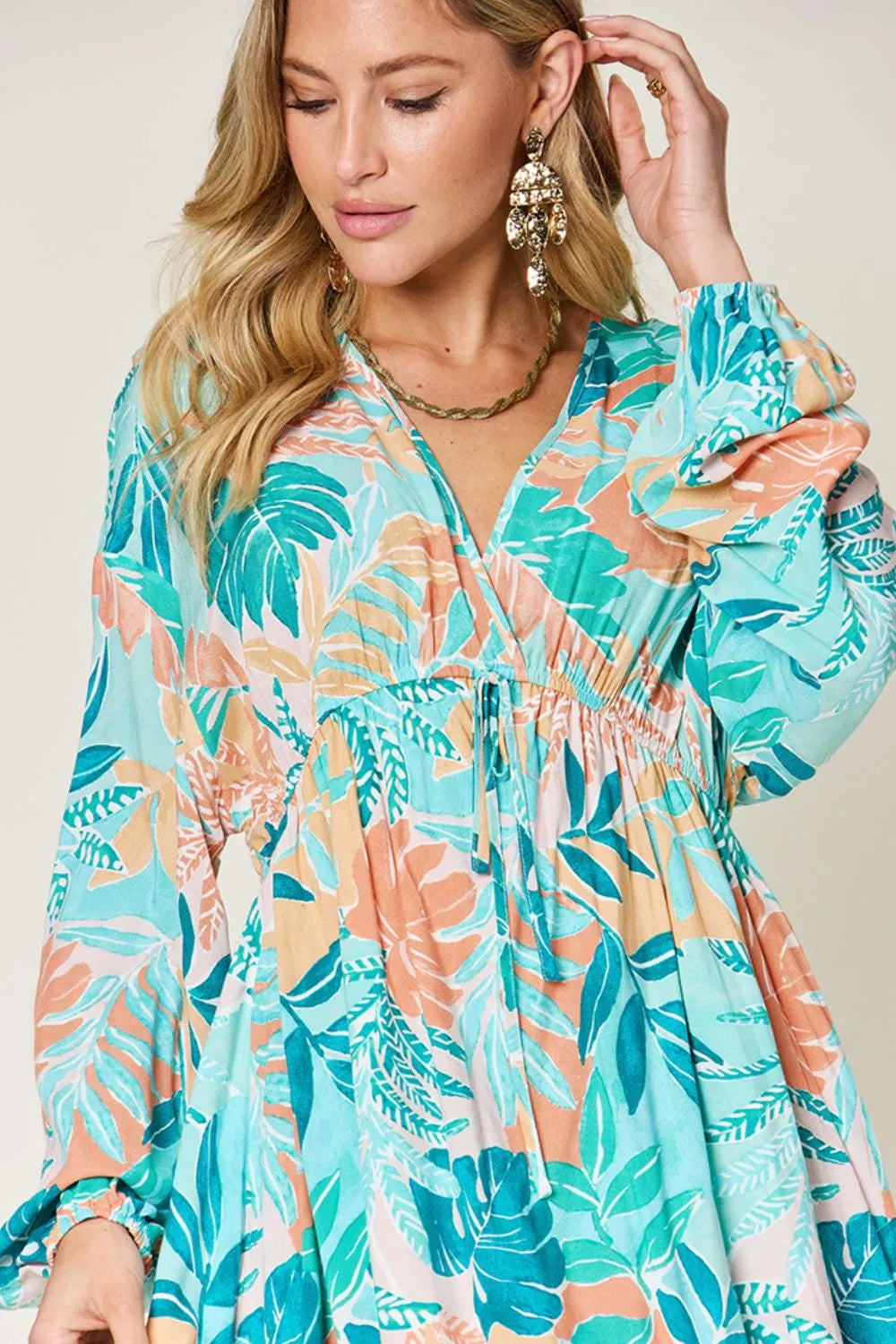 Image of Double Take Full Size Printed V-Neck Drawstring Dress | Queeble.shop