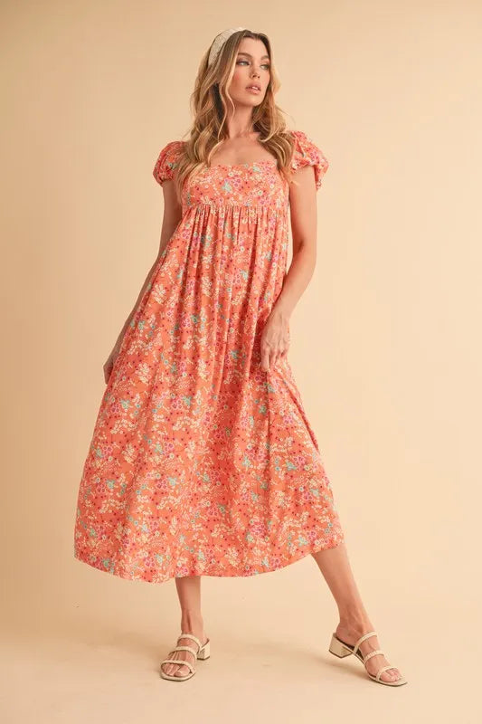 Image of Aemi + Co Cutout Back Floral Square Neck Puff Sleeve Midi Dress | Queeble.shop