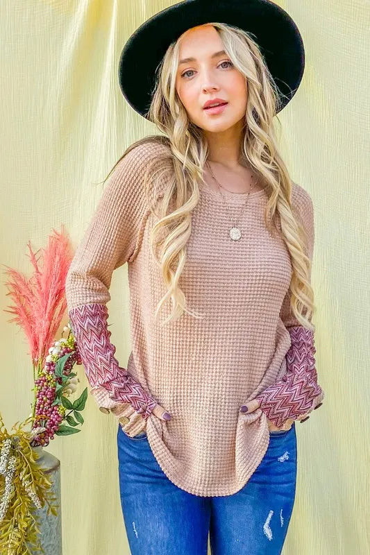 Image of And The Why Button Detail Printed Sleeve Waffle Knit Top | Queeble.shop