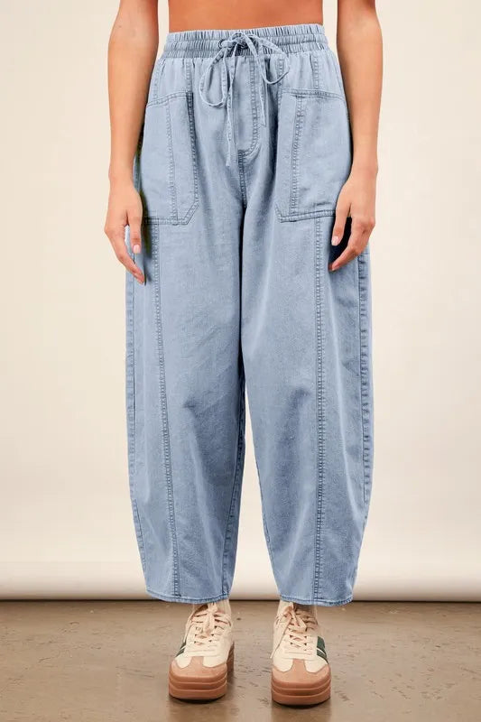Image of VERY J Washed Chambray Barrel Denim Pants | Queeble.shop