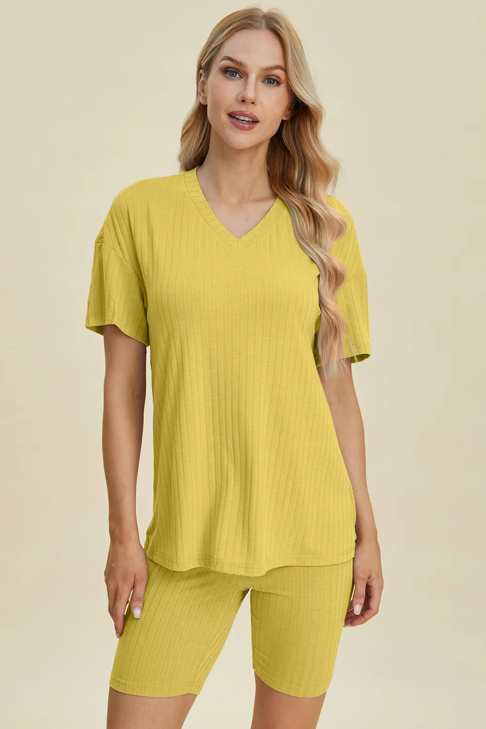 Image of Basic Bae Full Size Ribbed V-Neck Short Sleeve Top and Shorts Set | Queeble.shop