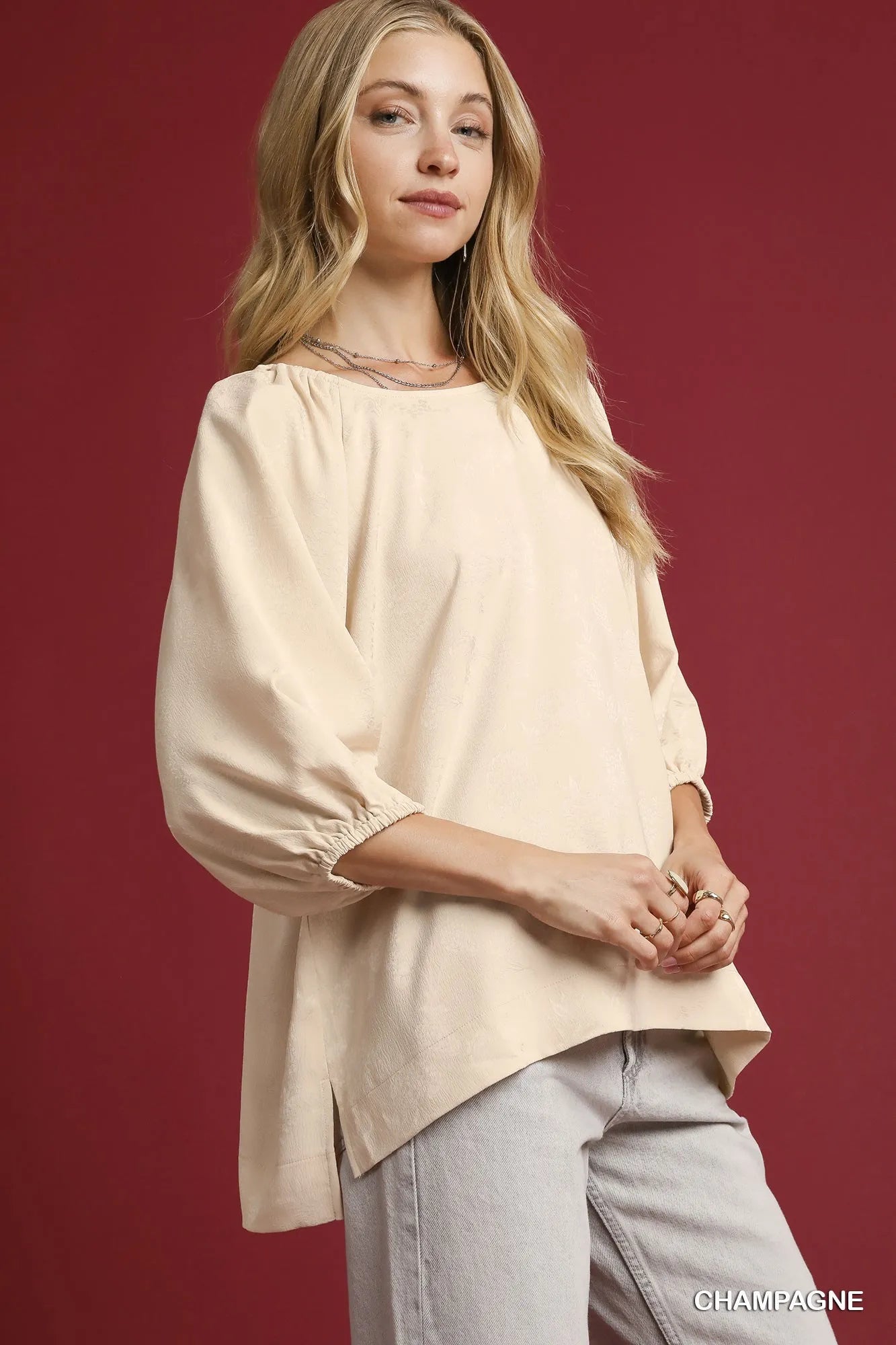 Image of Umgee Satin Jacquard Balloon Sleeve Blouse | Queeble.shop