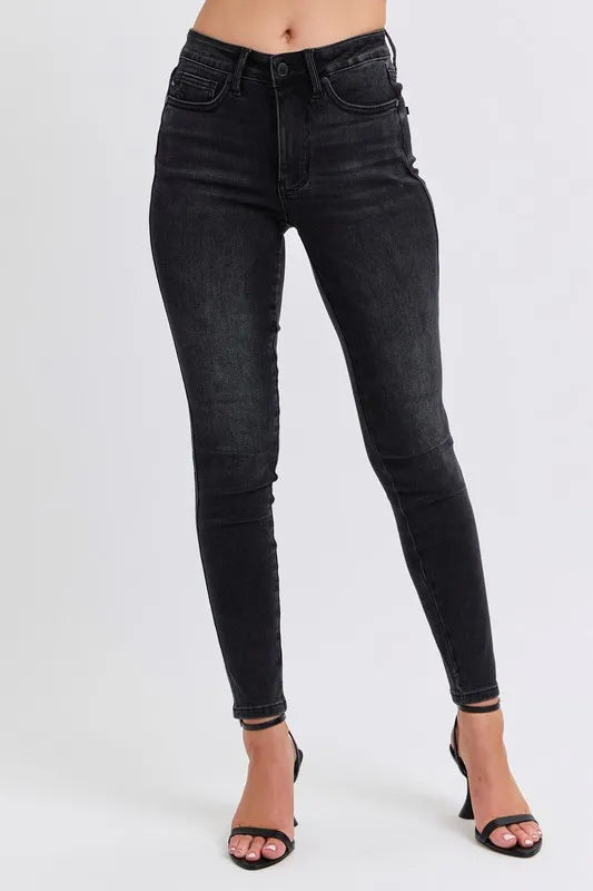 Image of Judy Blue Full Size Mid Rise Tummy Control Skinny Jeans Plus Size | Queeble.shop