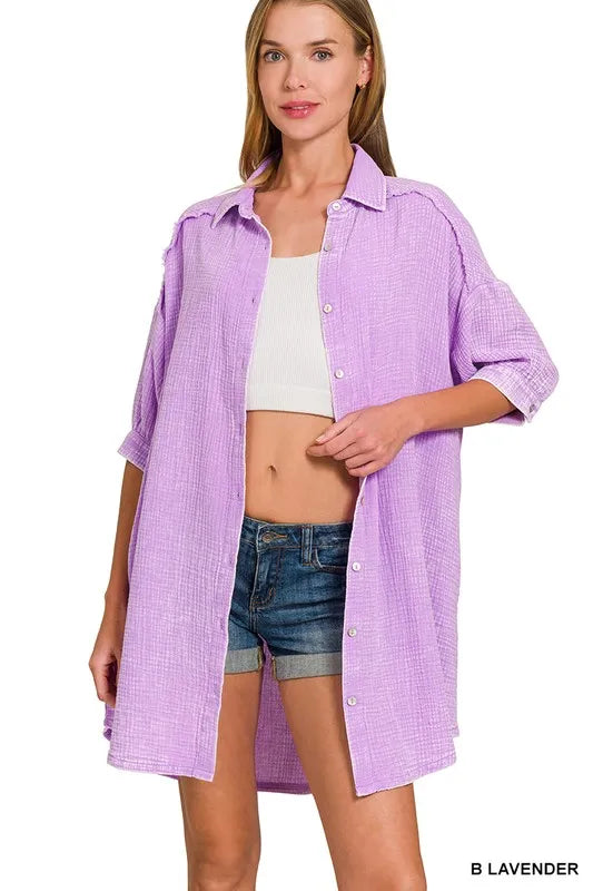 Image of Zenana Washed Double Gauze Button Down Shirt Dress | Queeble.shop