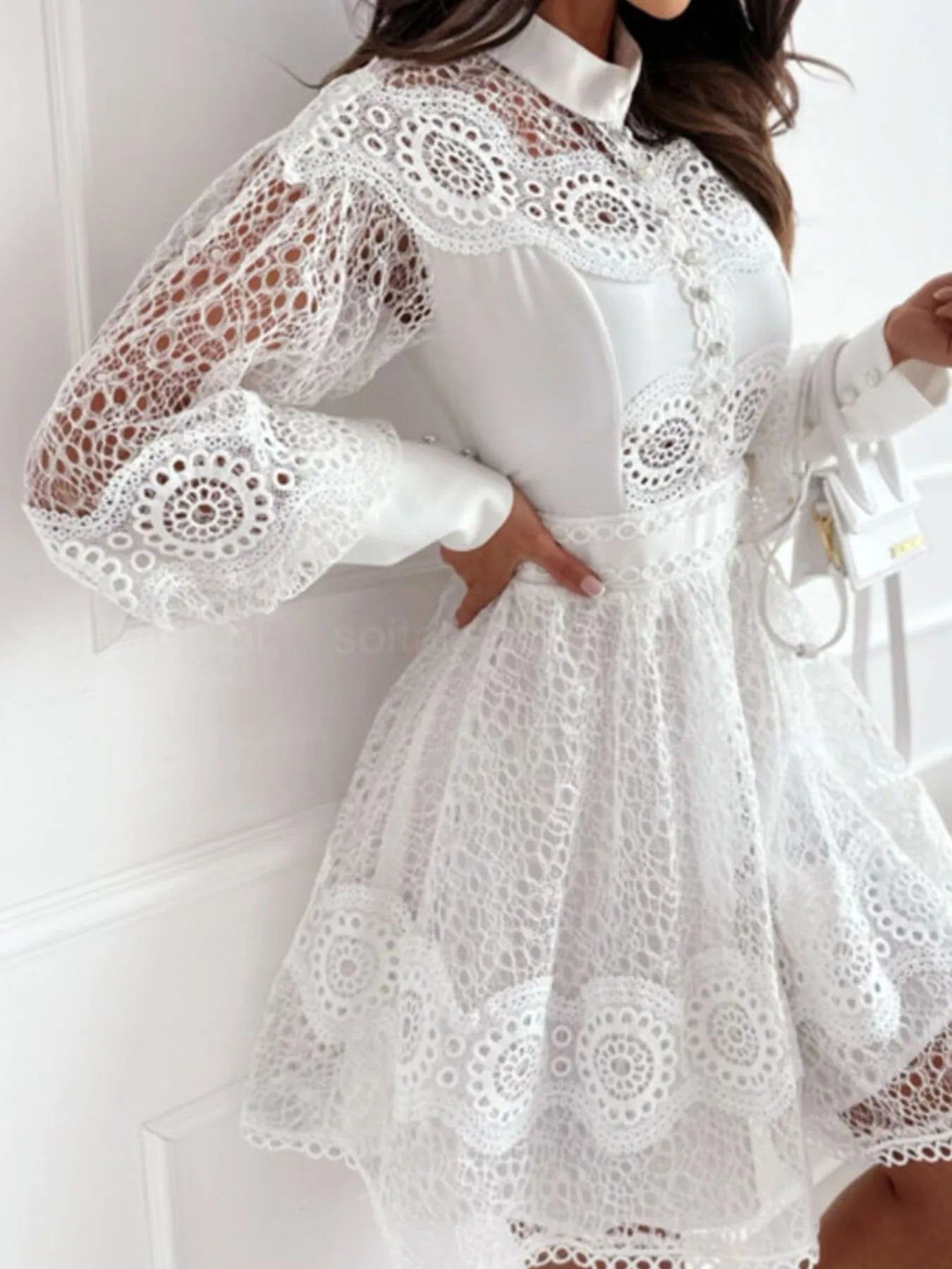 Image of Lace Lantern Sleeve Mini Dress | Queeble.shop