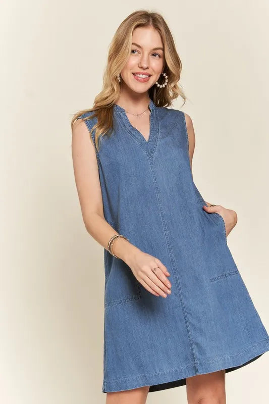 Image of ADORA Notched Sleeveless Denim Dress with Pockets | Queeble.shop