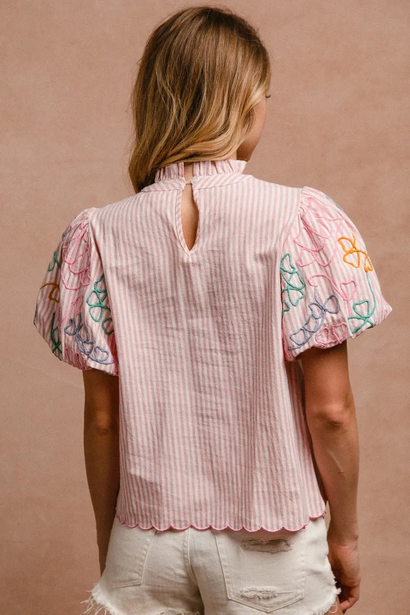 Image of BiBi Embroidery Bubble Sleeve Top With Bottom Scallop Detail | Queeble.shop