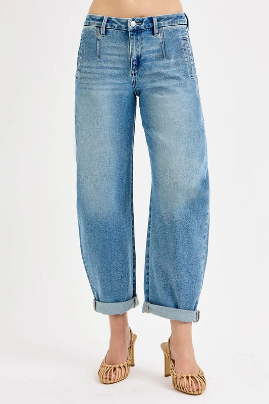 Image of RISEN Full Size Mid Rise Fit Barrel Roll Up Jeans Plus Size | Queeble.shop