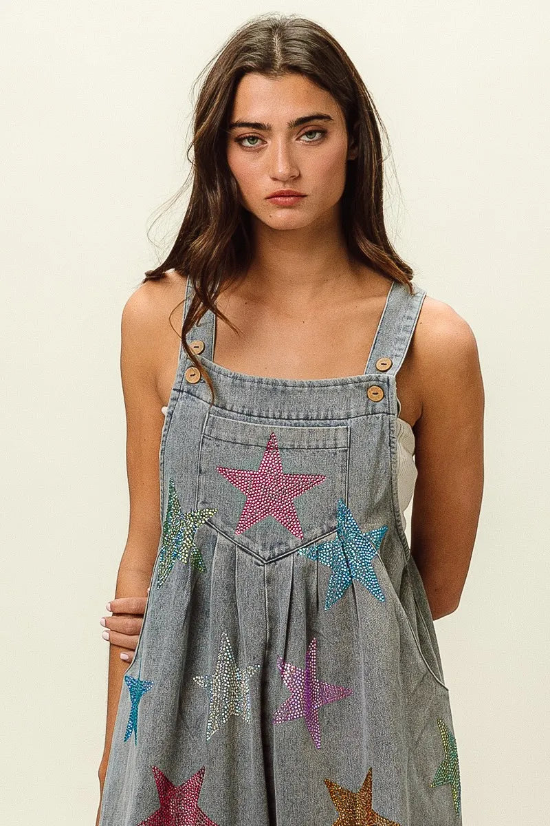 Image of BiBi Star Rhinestone Washed Wide Leg Shortalls | Queeble.shop