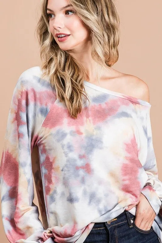 Image of BiBi Tie Dye Print Terry Top With Puff Sleeves | Queeble.shop