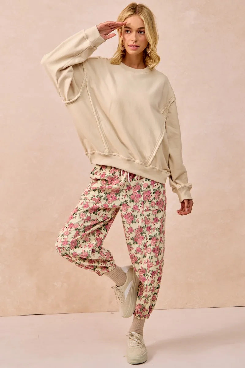 Image of BiBi Floral Printed Twill Drawstring Pants With Elastic Band | Queeble.shop