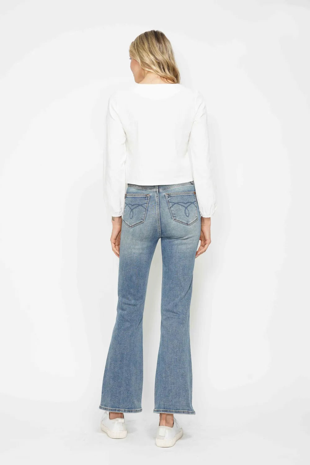 Image of Judy Blue Full Size Tummy Control Back Embroidered Pocketed Bootcut Jeans Plus Size | Queeble.shop