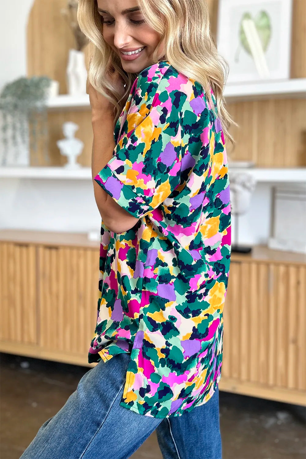Image of Double Take Full Size Printed V-Neck Short Sleeve Side Slit Top | Queeble.shop