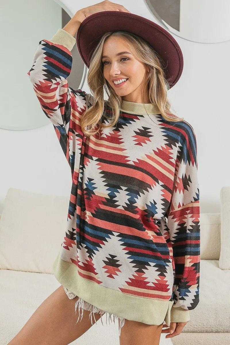 Image of BiBi Aztec Print Mirr Mock Neck Lslv Top | Queeble.shop