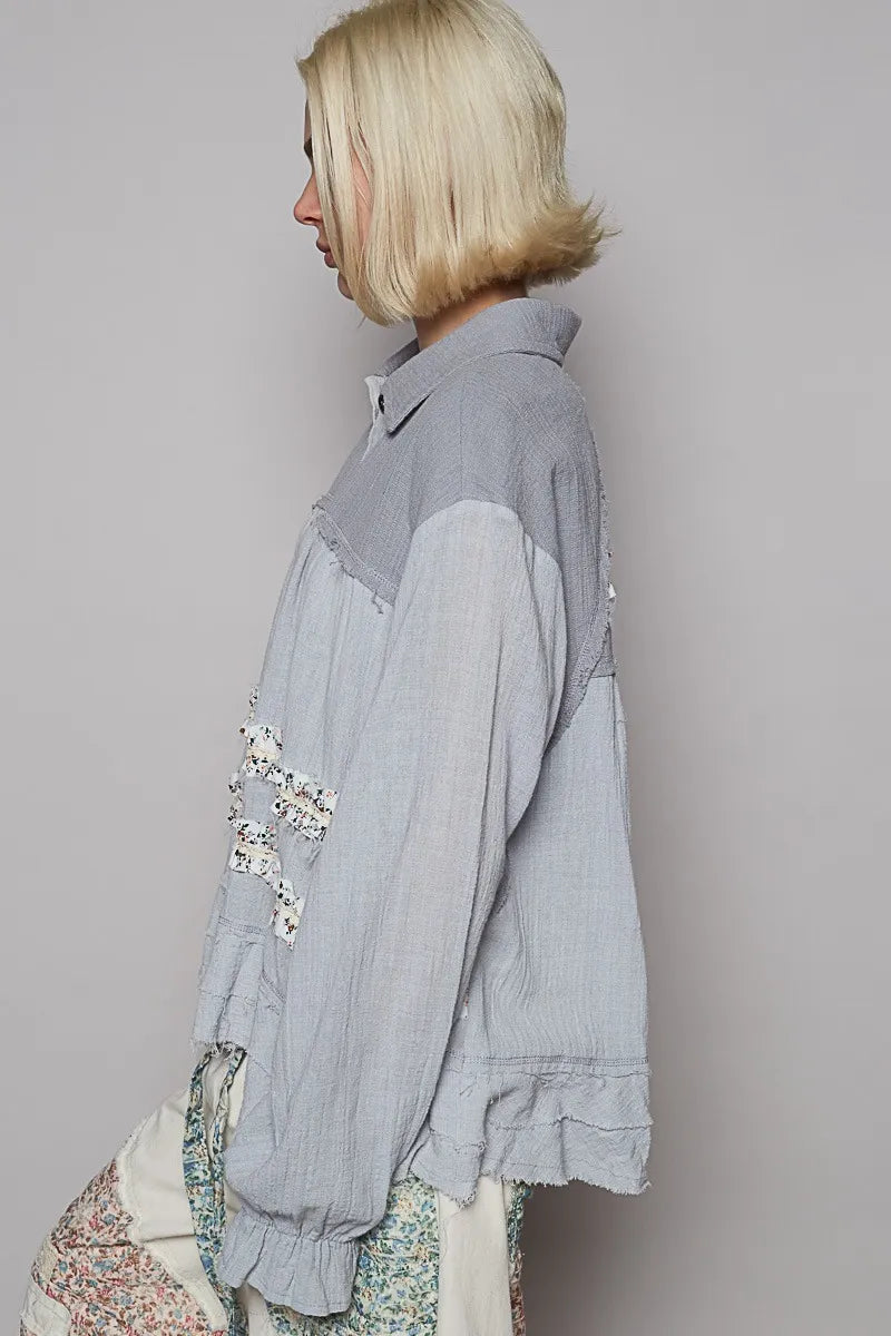 Image of POL Button Down Floral Trim Ruffle Washed Shacket | Queeble.shop