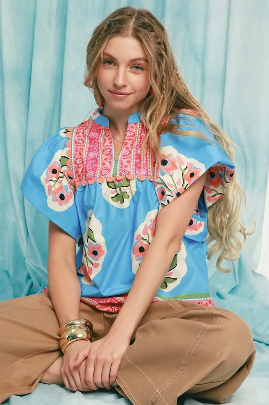 Image of Umgee Floral Notched Puff Sleeve Blouse | Queeble.shop