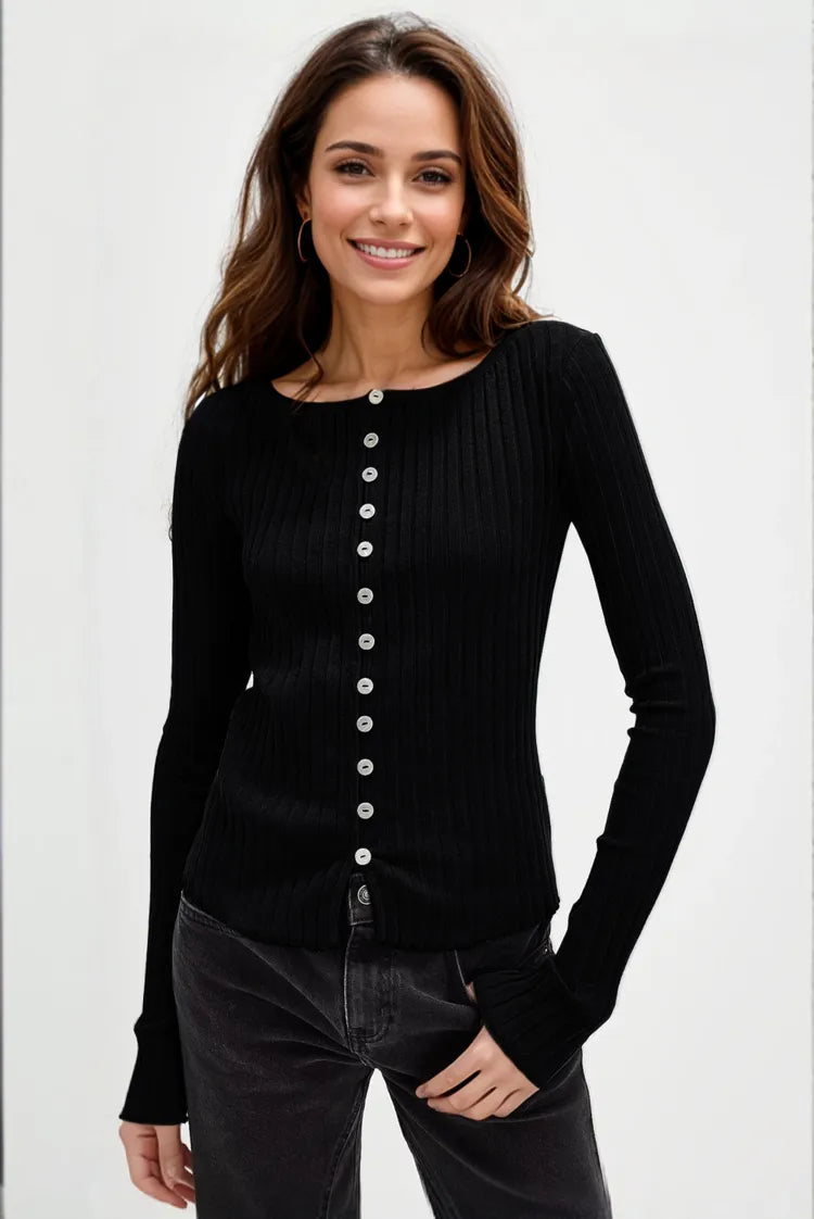 Image of Basic Bae Texture Button Up Round Neck Long Sleeve Top | Queeble.shop