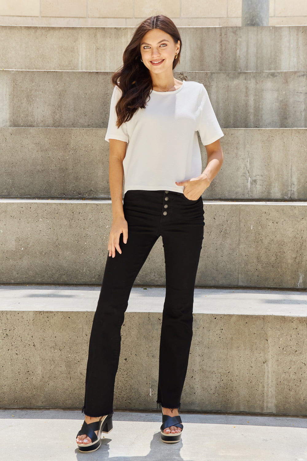 Image of And The Why Pearly White Full Size Criss Cross Pearl Detail Open Back T-Shirt | Queeble.shop