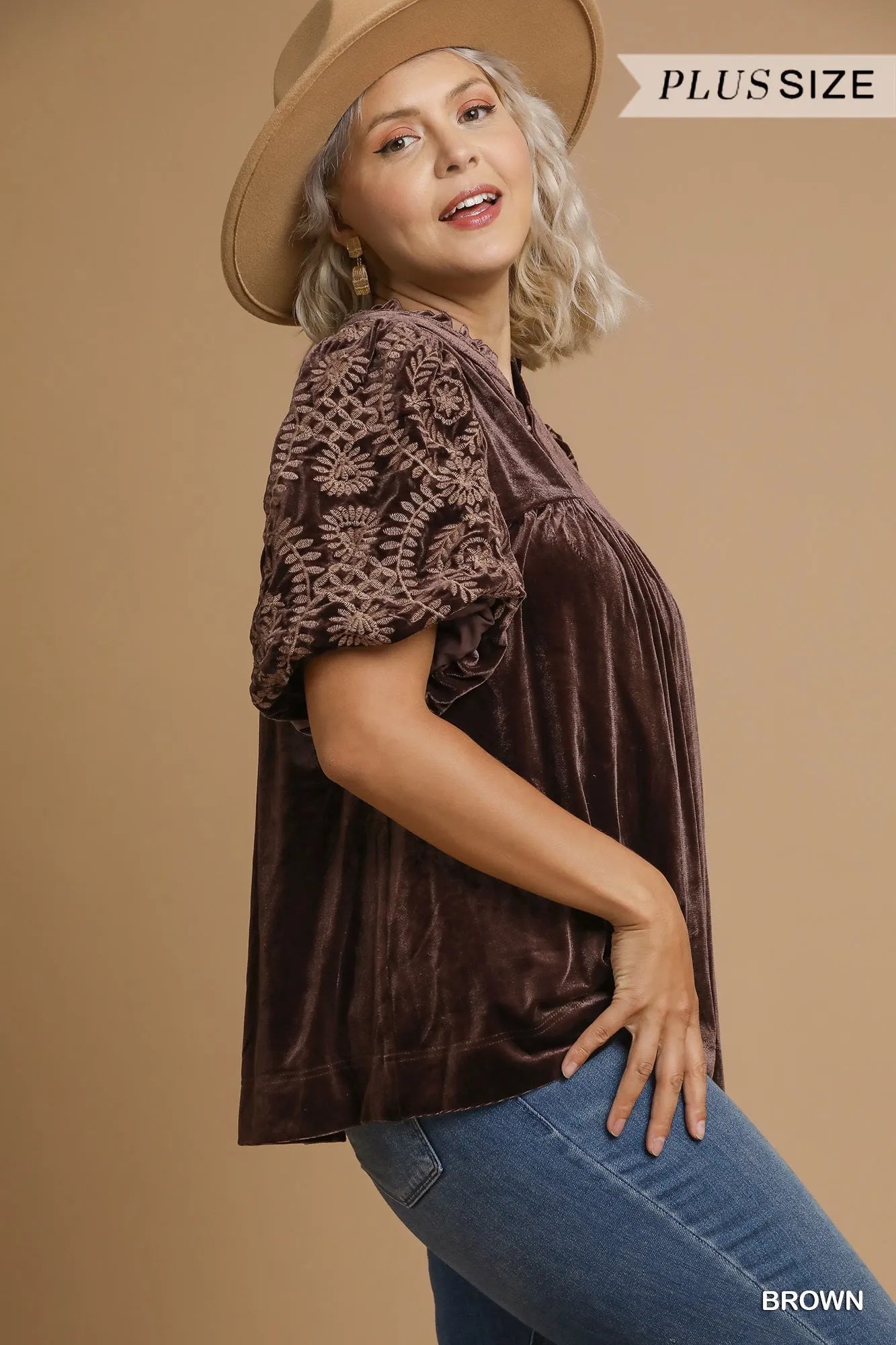 Image of Umgee Full Size Velvet Embroidered Sleeve Blouse Plus Size | Queeble.shop
