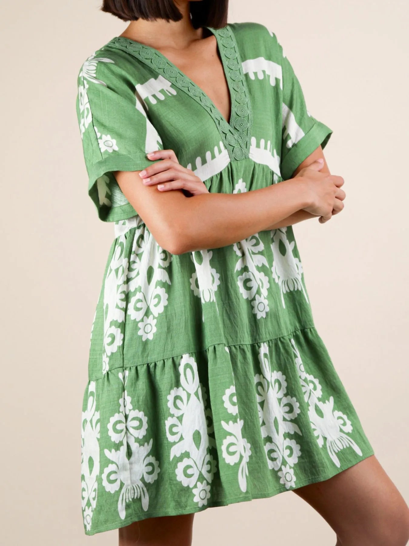 Image of Printed V-Neck Short Sleeve Mini Dress | Queeble.shop