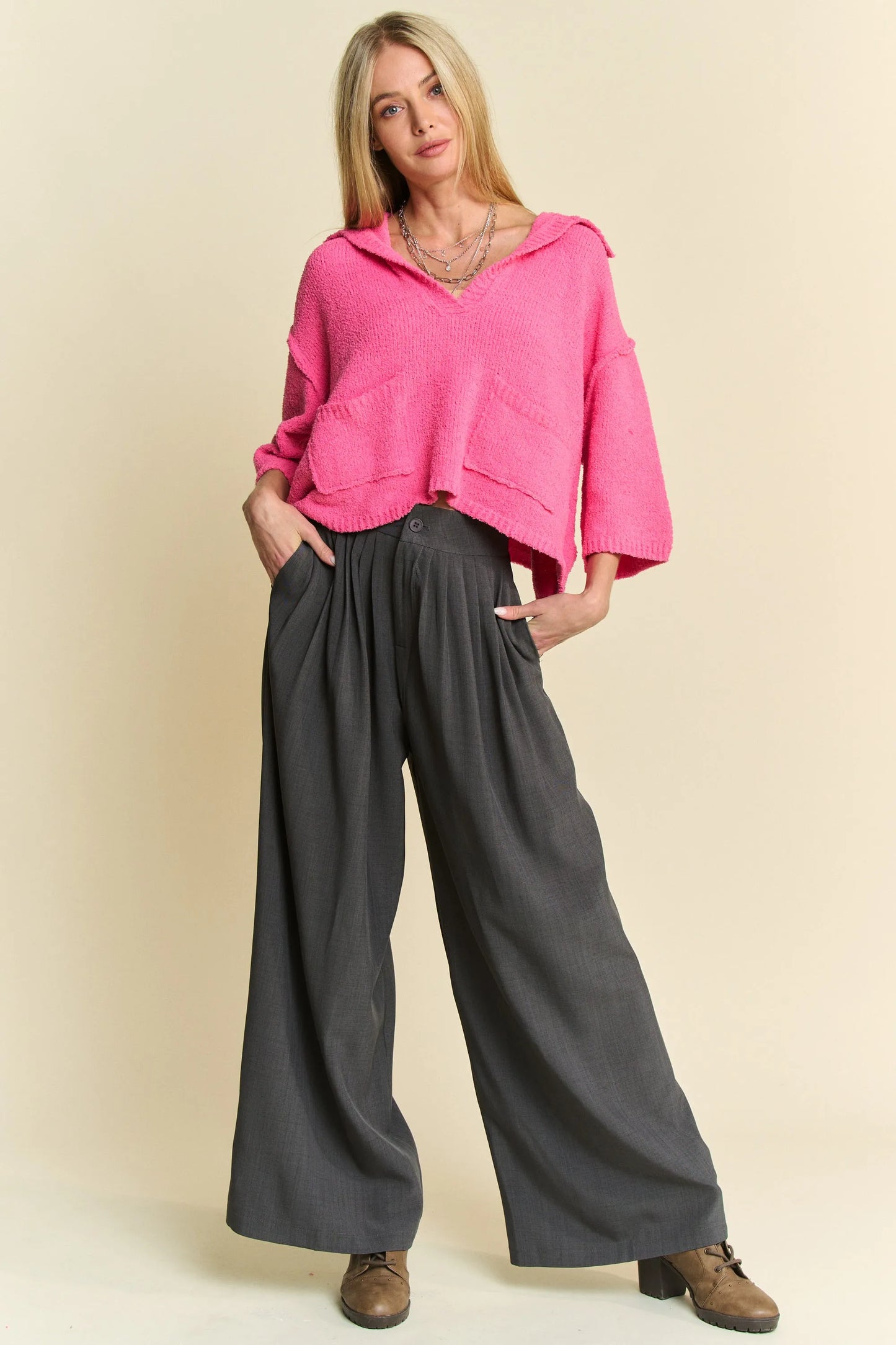 Image of Davi & Dani Solid Back Pocket Shirring Detail Wide Leg Pants | Queeble.shop